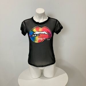 BRAND NEW Occasion Black Sheer T Shirt Kiss You Lips 👄 Graphics L